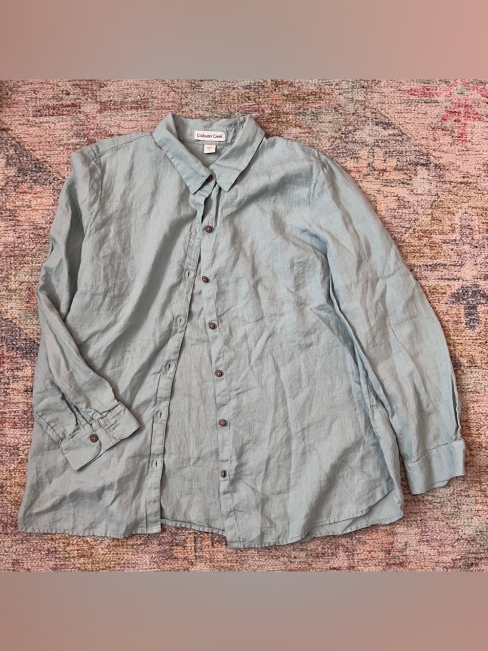 Coldwater Creek Women’s Bamboo Blue Button-Down Shirt %100 Linen Large